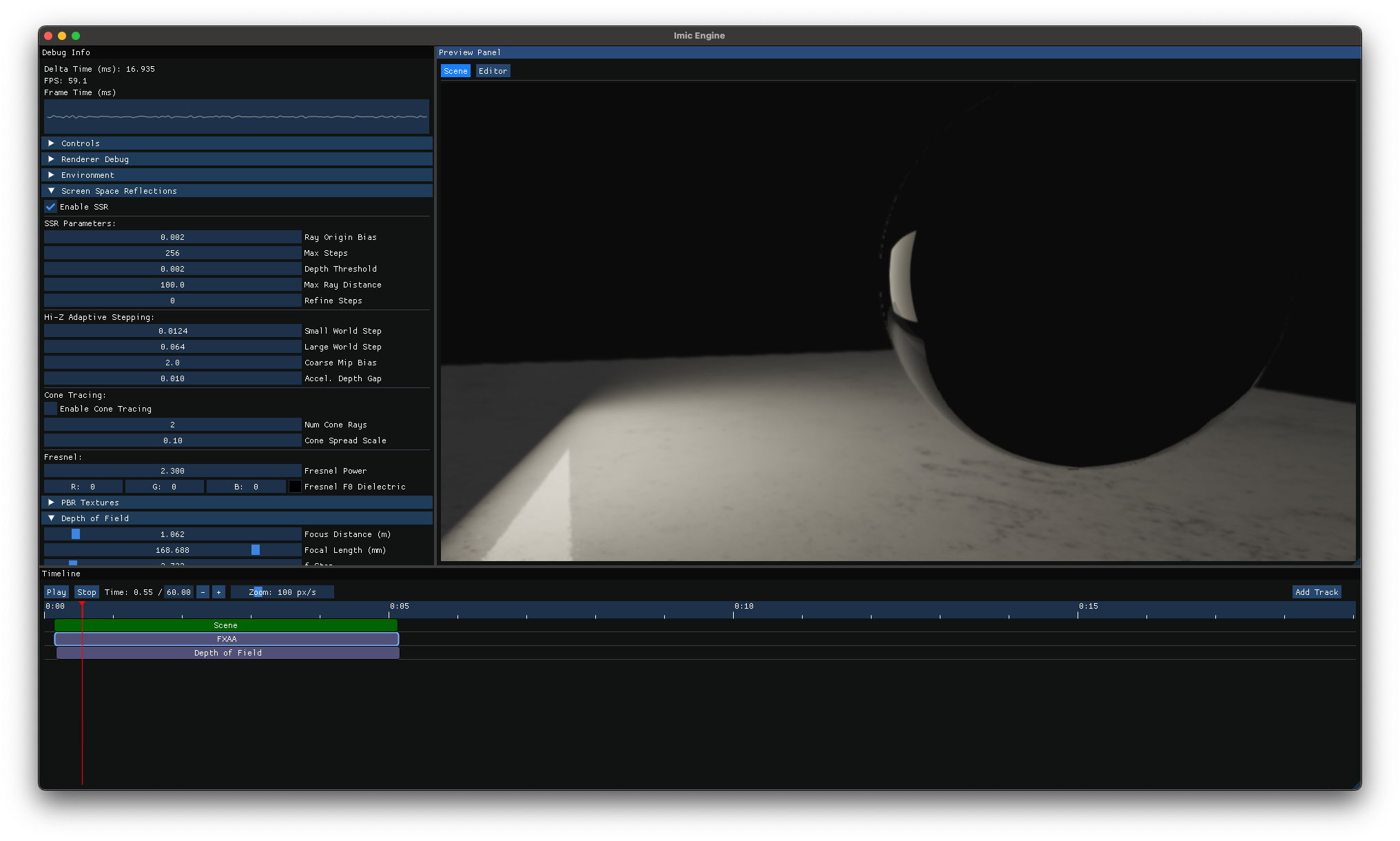 A nice scene of a fully metallic scene with SSR and DoF applied, lit by an area light.